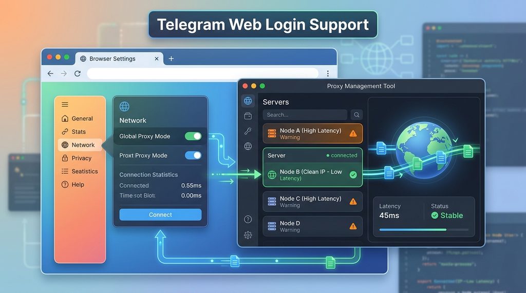 一张展示浏览器网络设置和代理工具连接状态的界面图,强调节点延迟与连通性