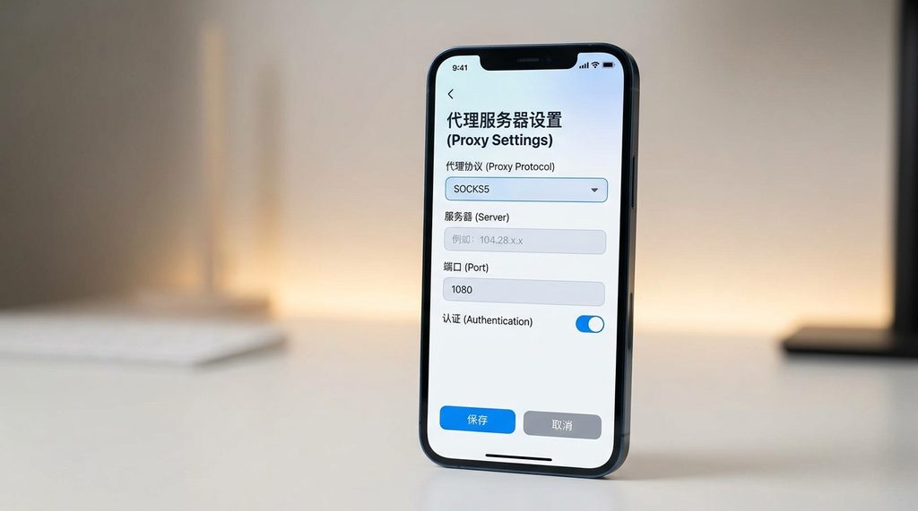 一个清晰的手机屏幕界面,显示正在配置代理服务器连接的设置页面,简约扁平风格