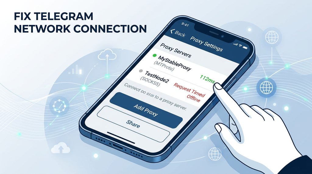 用户在手机设置界面检查Telegram代理配置，界面显示Ping延迟数值，现代简约风格