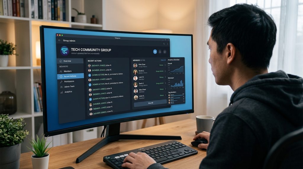 一位用户正在电脑端查看Telegram群组管理员后台界面，显示着整洁的成员分析仪表盘和权限配置选项