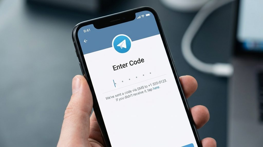 用户手机上显示Telegram验证码获取页面的特写,背景模糊,光线柔和,专业科技感