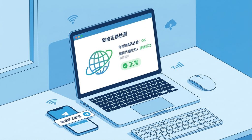 一张现代极简风格的电脑桌面插图,显示网络连接状态检测界面,背景色为Telegram标志性的蓝色调