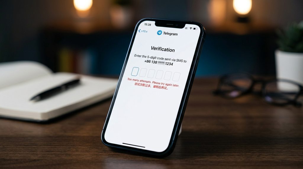 手机屏幕显示Telegram验证码输入界面,带有红色错误提示文字,背景模糊处理