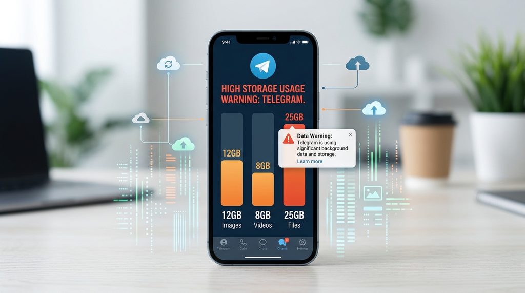 一部智能手机显示 Telegram 存储占用过高的示意图,屏幕上显示流量警告提醒,现代极简风格