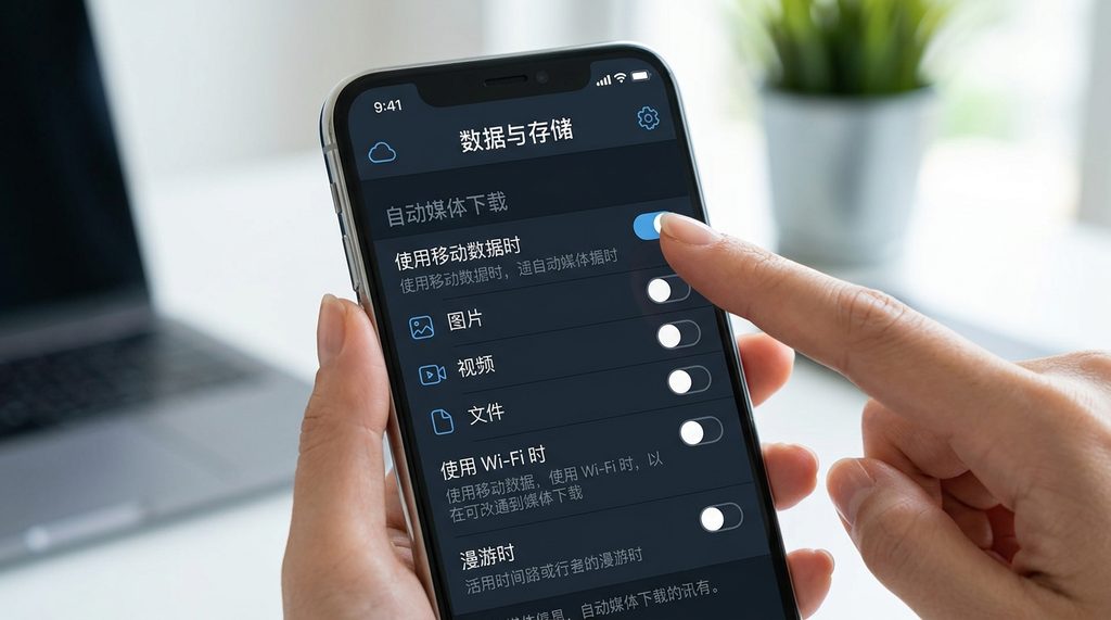 Telegram 数据与存储设置界面的截图,手指正在点击关闭自动下载的开关,清晰明了的 UI 设计