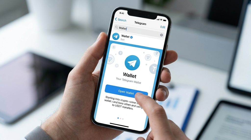 一部智能手机显示 Telegram 界面,搜索栏输入 Wallet,屏幕中心展示钱包启动页的清晰界面