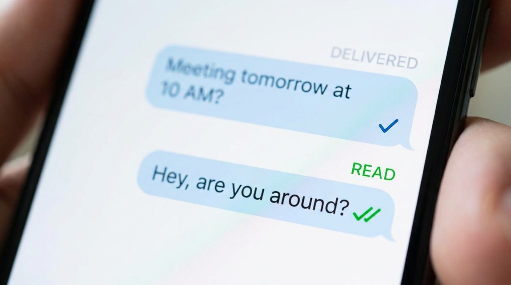 Telegram 聊天界面特写,展示消息旁边的单勾与双勾状态对比,极简风格