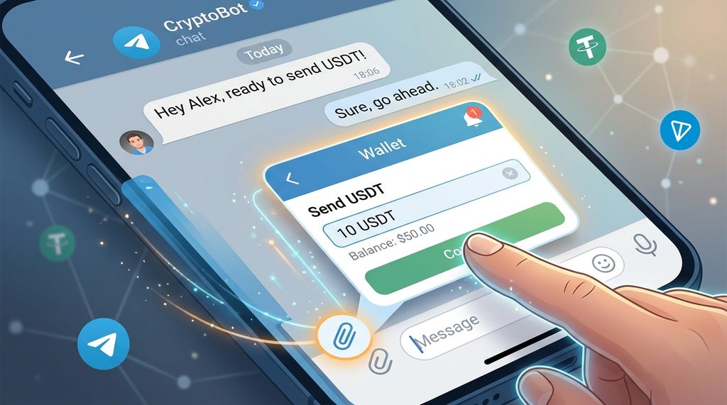Telegram 聊天窗口界面,点击回形针附件图标弹出钱包选项,手指点击转账金额的交互示意图