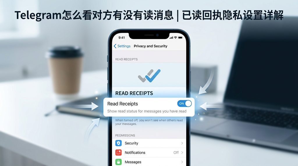 手机屏幕显示 Telegram 隐私设置页面,重点突出“已读回执”相关选项的示意图