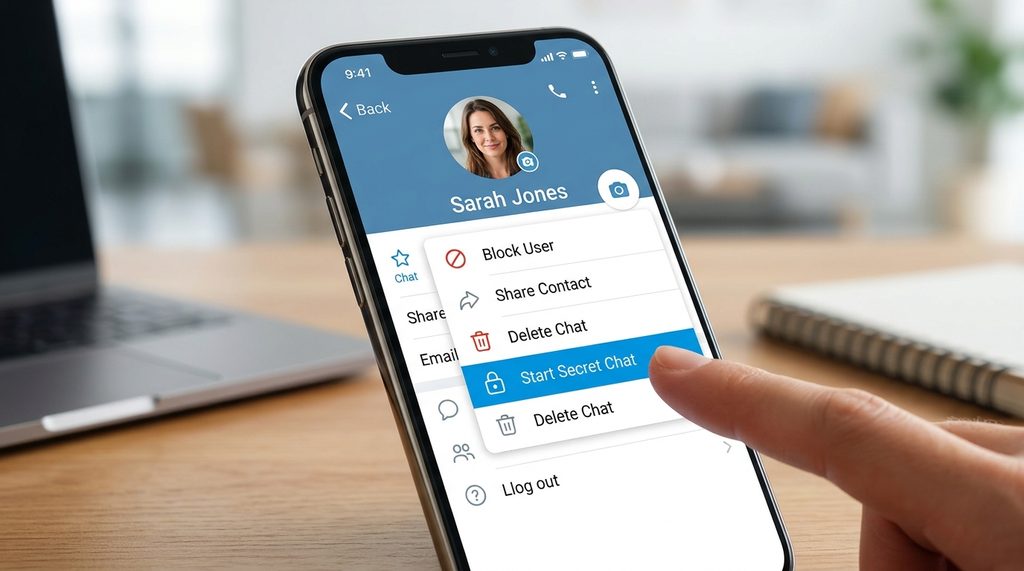展示手机端 Telegram 发起 Secret Chat 的操作界面,点击头像后菜单中的 Star