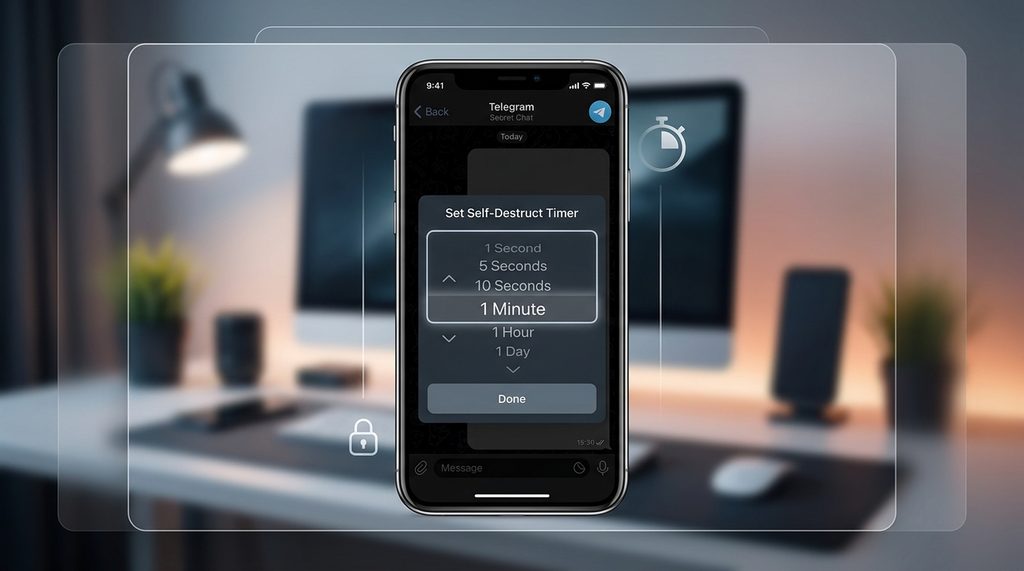 手机屏幕截图,展示在Telegram秘密聊天设置菜单中滑动选择自毁计时器的界面,清晰显示不同时间选项