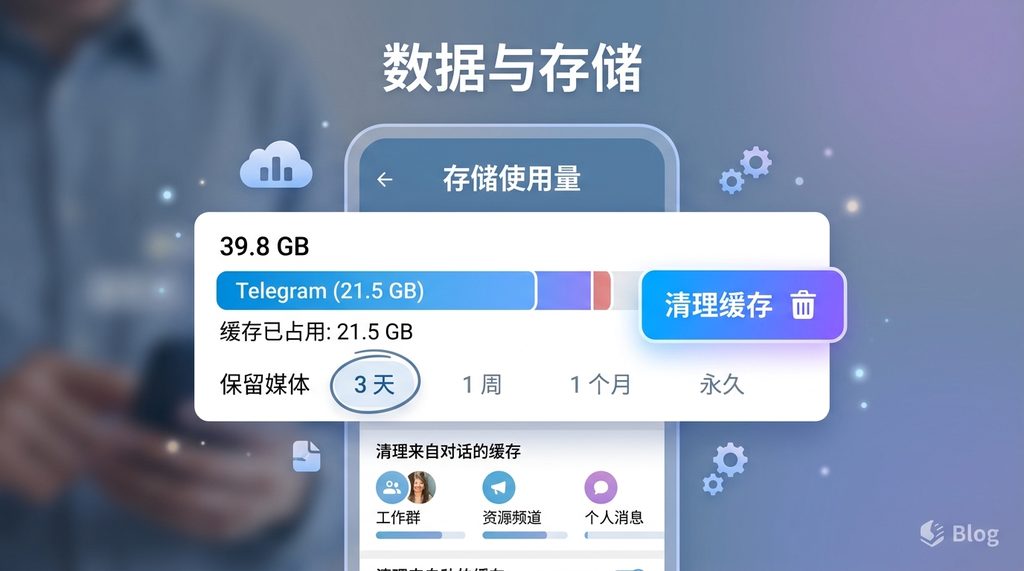 Telegram设置界面中“存储使用量”页面的截图，展示了进度条和清除缓存按钮