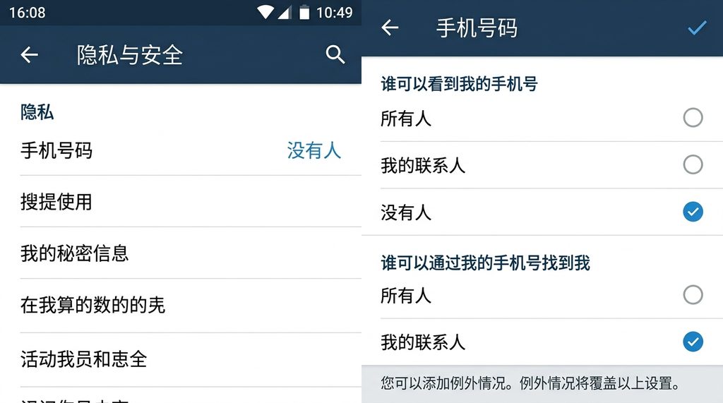 Telegram 隐私设置界面的截图,重点展示手机号码可见性选择“没有人”的选项,配色为经典的 Te