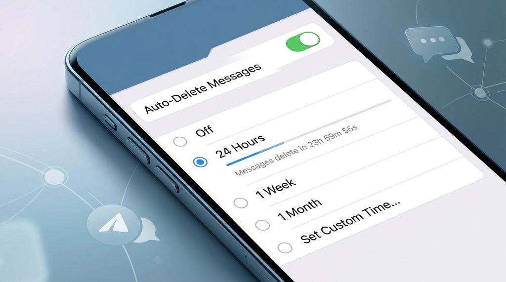 手机设置界面,展示自动删除消息选项的开关,下方配有具体的倒计时周期选择列表