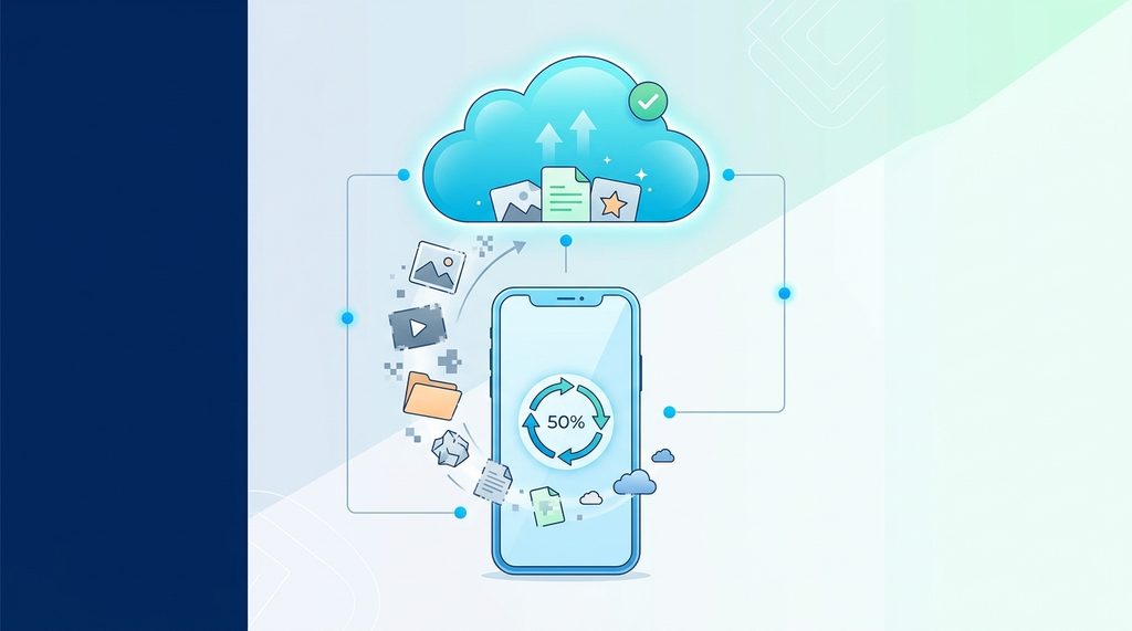 一个极简风格的插画，展示了手机正在通过云端清理垃圾文件的过程