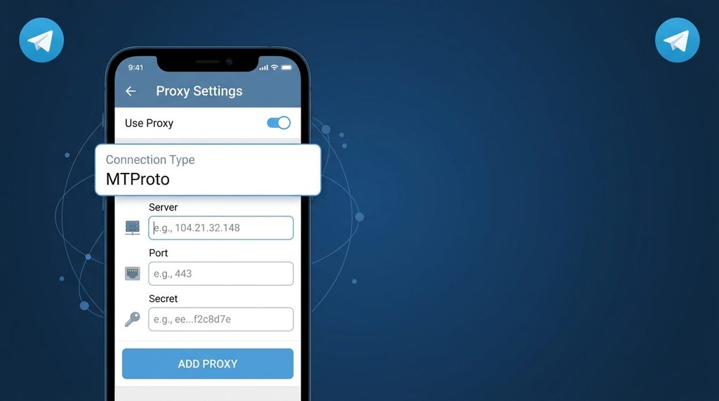 Telegram应用内代理设置界面的截图，显示MTProto协议配置页面，包含IP地址、端口和秘钥输