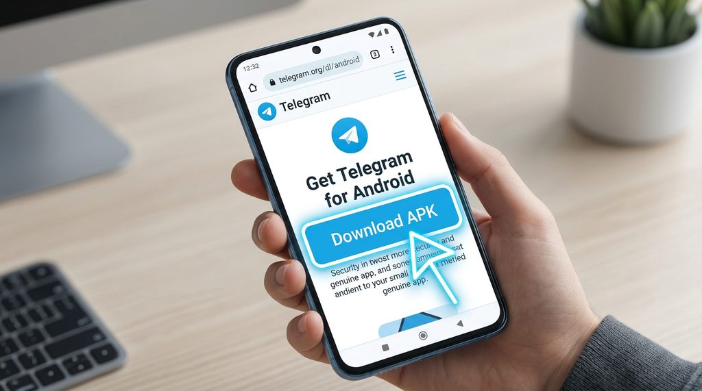 安卓手机浏览器打开Telegram官网下载页面的截图，突出显示Download APK按钮，界面清晰