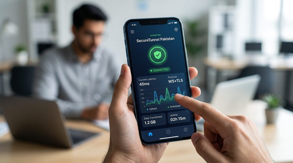 智能手机上运行的网络加速工具界面，展示流量曲线和已连接状态的绿色图标，背景为模糊的室内办公环境
