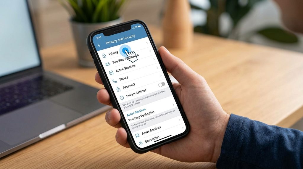 一个人的手机界面，展示Telegram隐私与安全设置菜单，光标正在点击隐私选项