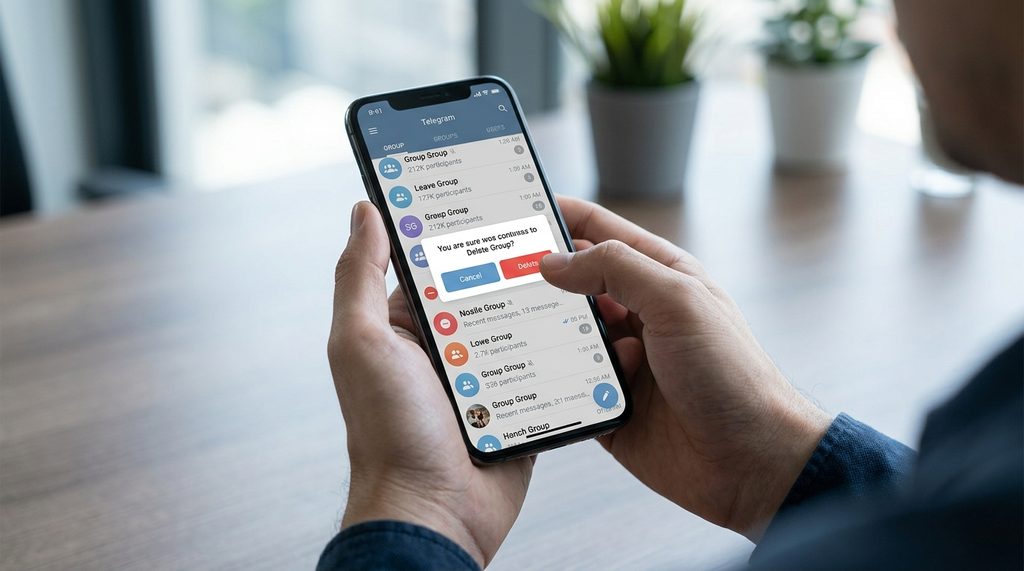 一位用户正在 Telegram 移动端界面清理群组列表，简洁的现代 UI 配色，突出显示删除选项