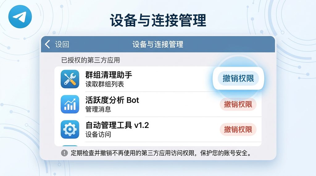 Telegram 设置菜单中的设备与连接管理页面，展示出已授权的第三方应用列表