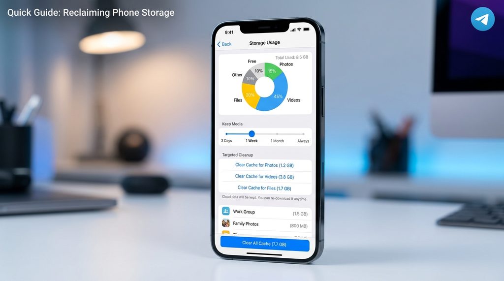 展示Telegram设置中“存储使用量”界面的截图，界面显示内存占用比例，并有一个调节缓存期限的滑动