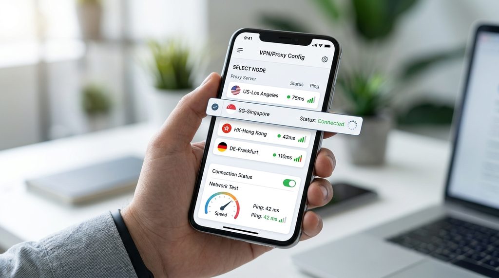 一位用户在手机上切换代理节点的界面，屏幕显示网络连接状态和延迟测试，简洁明了的UI风格