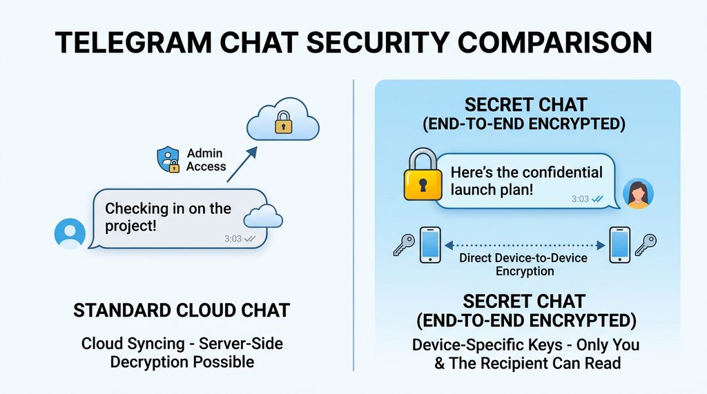 一个展示 Telegram 聊天气泡对比的插画,左侧显示普通聊天,右侧为带有锁头图标的私密聊天界面,