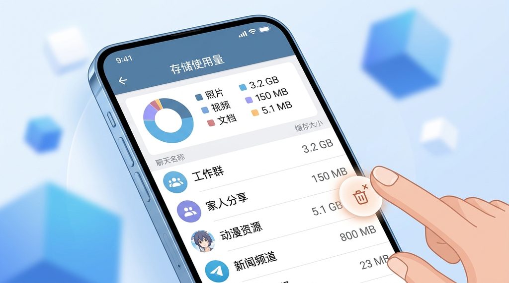 Telegram存储使用界面，下方列出各个群组和频道名称，右侧显示各自占用的缓存大小，用户正在点击删