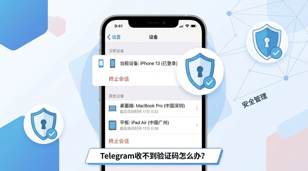 Telegram 设置界面的设备管理选项，清晰显示已登录的设备列表，强调安全管理图标