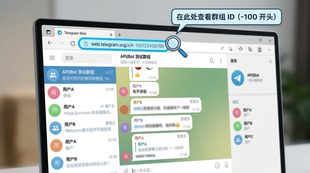 电脑浏览器显示 Telegram Web 界面，地址栏处高亮标记出群组ID的详细截图