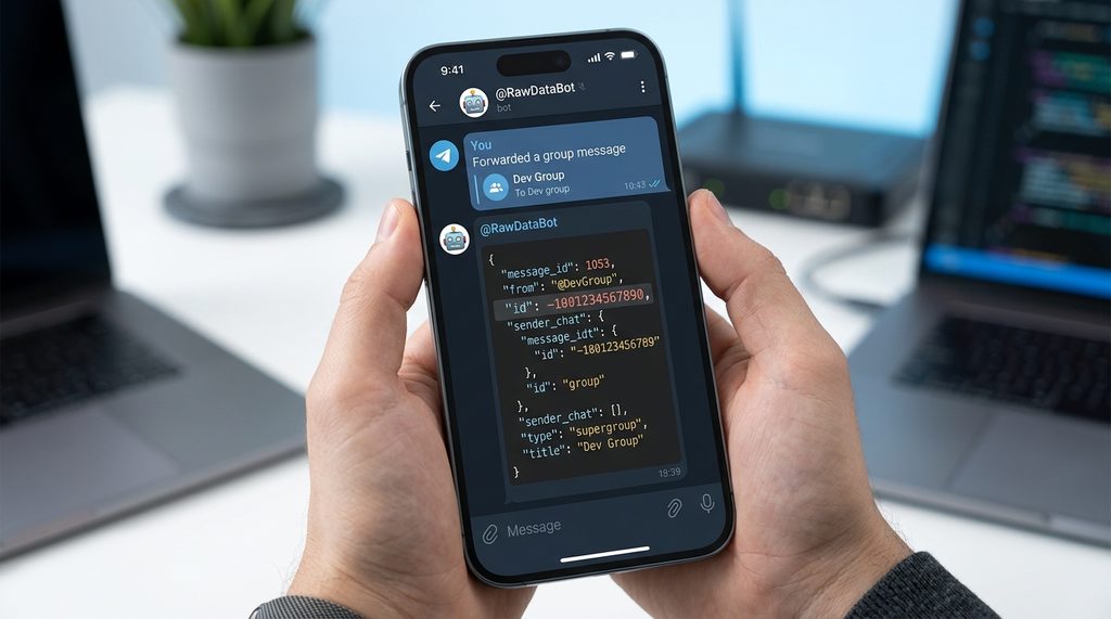 手机界面中与 Telegram 机器人的聊天记录，清晰展示了机器人返回的群组ID数据内容