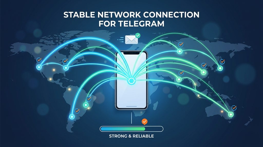 一台智能手机连接全球网络节点的示意图,界面简洁,突出网络连接稳定性