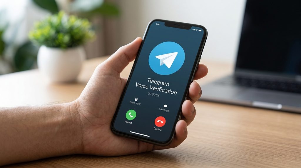 一个手机界面展示正在拨打的语音验证通话,屏幕上显示 Telegram 官方图标