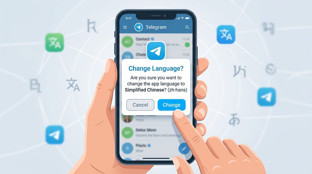用户在手机端点击Telegram语言切换链接,弹出确认更改语言的系统对话框,界面清晰简洁