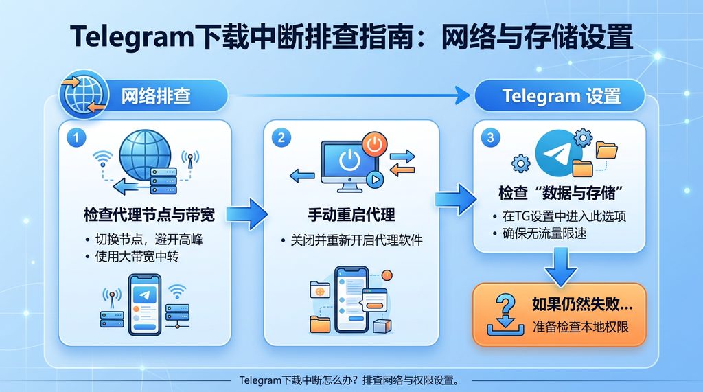 一个简单的流程图,展示从网络节点切换到 Telegram 设置中“数据与存储”的检查步骤,风格简洁明