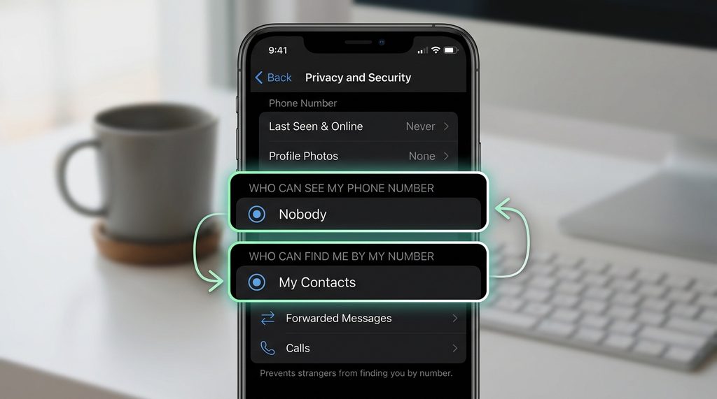 展示 Telegram 隐私设置界面的手机屏幕截图，突出 Phone Number 设置菜单中的 N