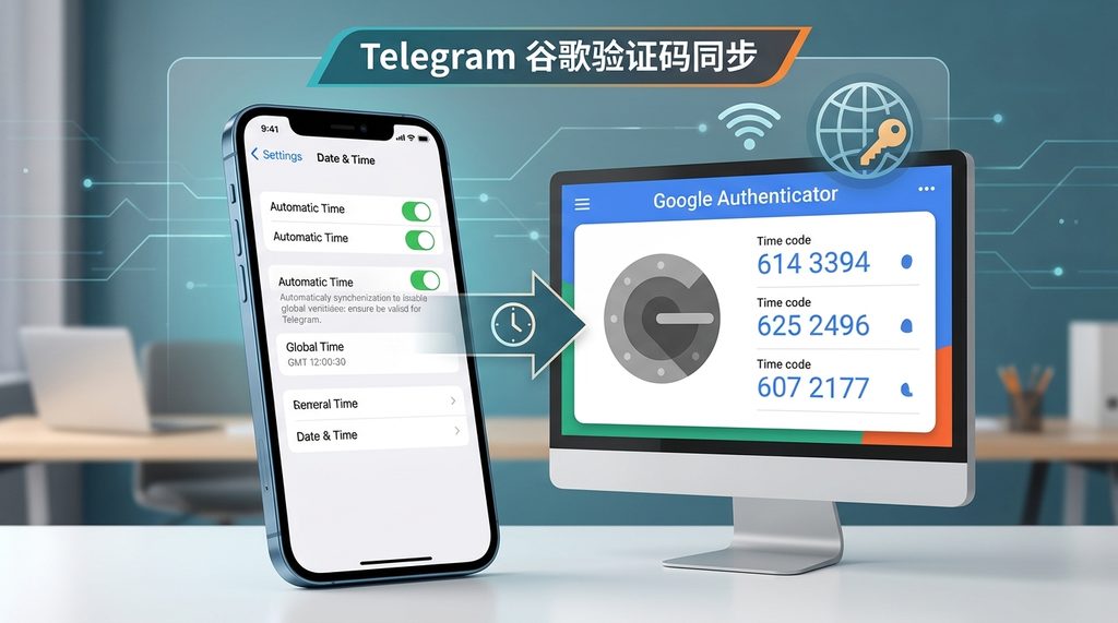 一部智能手机显示系统时间设置界面，旁边放着一个带有谷歌身份验证器图标的显示屏