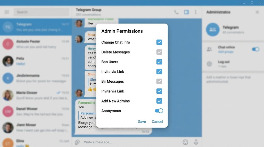 Telegram 群组设置管理员权限的界面截图，显示勾选权限列表的弹窗，界面清晰现代