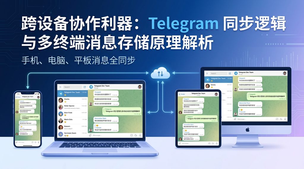 一个展示 Telegram 多终端同时在线,手机、电脑和平板同步显示聊天窗口的界面