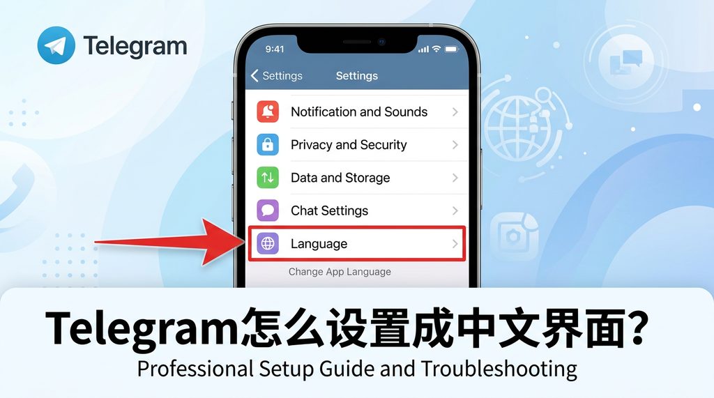 Telegram设置界面截图,箭头指示Language语言选项的具体位置,专业操作示意图