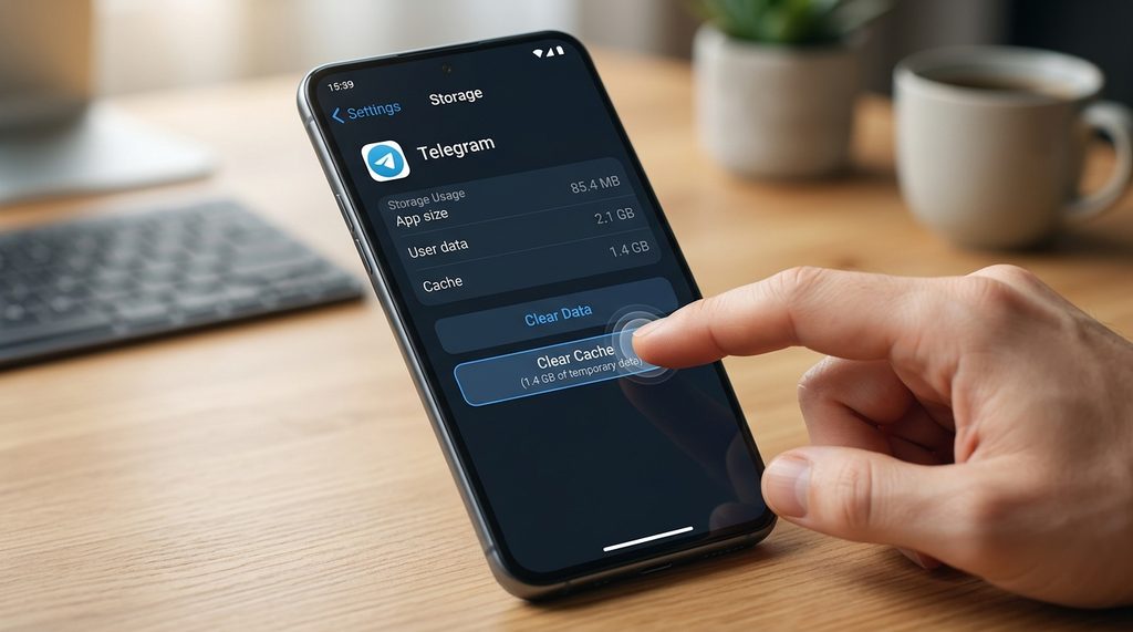 用户在智能手机设置界面中点击清除Telegram应用缓存的动作特写，画面简洁明了