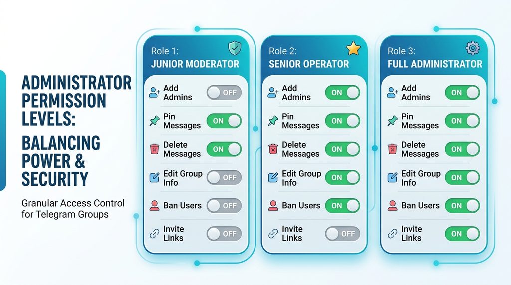 管理员权限分级设置示意图，展示不同权限开关的切换状态，配色简洁
