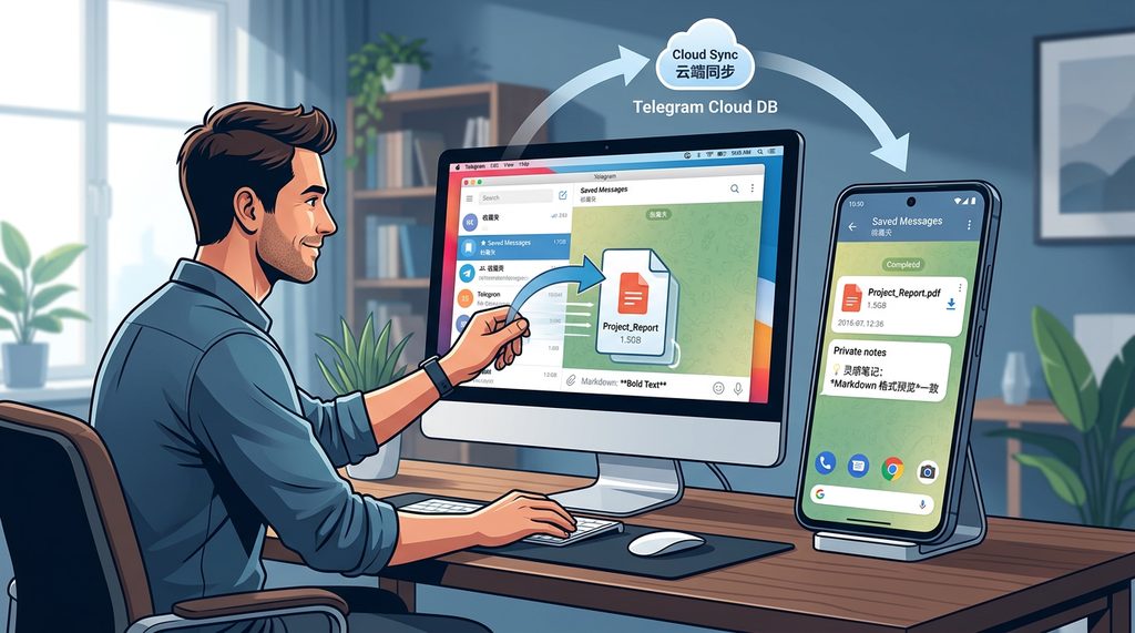 一个人在电脑上拖拽文件到 Telegram 收藏夹,手机端立刻显示出该文件的操作示意图
