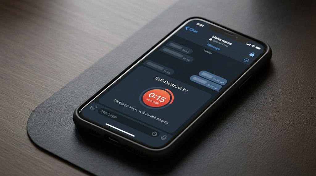 一台智能手机屏幕显示Telegram加密对话界面，倒计时图标醒目，背景为深色简约风格