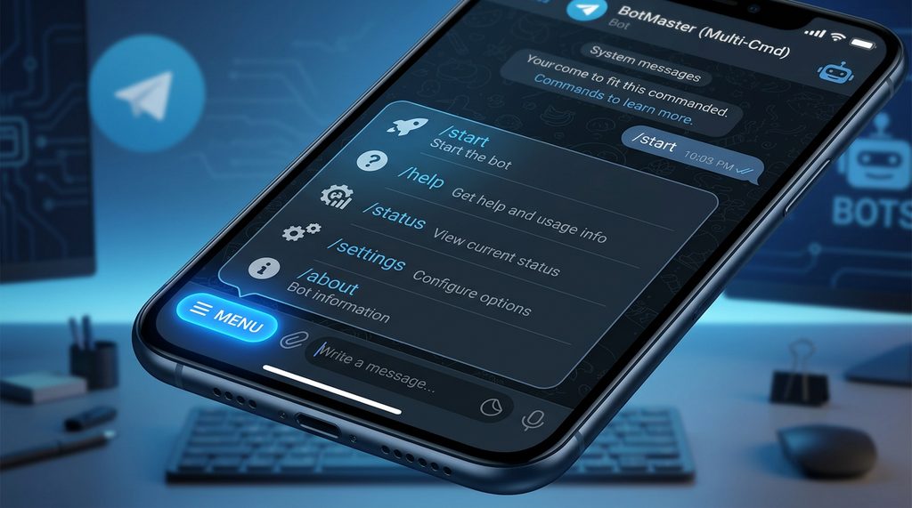 Telegram Bot 界面左下角蓝色菜单按钮,弹出简洁的命令列表交互界面
