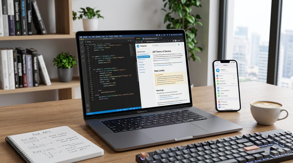 一张现代办公桌,上面摆着手机和笔记本电脑,屏幕显示着代码和Telegram的后台设置界面