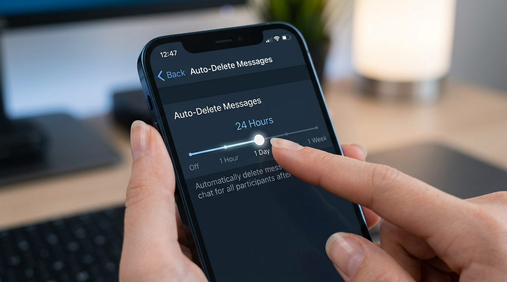 Telegram设置菜单中“自动删除消息”选项的特写，手指正在调节时间滑动条