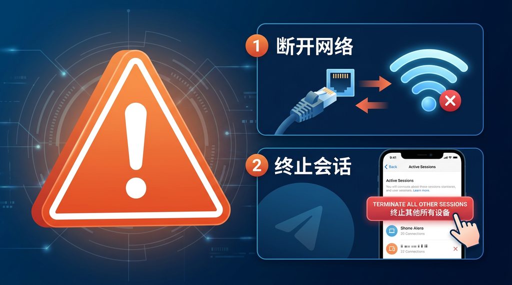 一个警示图标，旁边配有“断开网络”和“终止会话”的操作步骤示意图