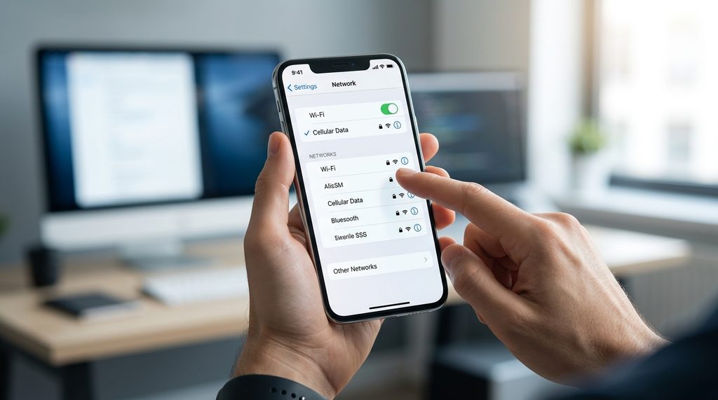 现代风格的智能手机网络设置页面,展示切换网络连接的过程